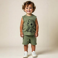 minicult Kids Matching Cotton Vest and Shorts coords with cute animal Prints(Dino Combo) Pack of 2
