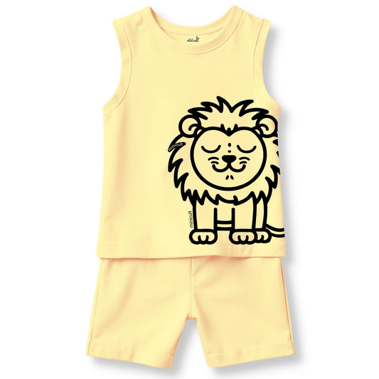 minicult Kids Matching Cotton Vest and Shorts coords with cute animal Prints(Lion Combo) Pack of 2