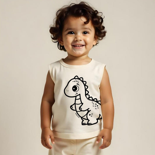 minicult Kids Matching Cotton Vest and Shorts coords with cute animal Prints(Dino)