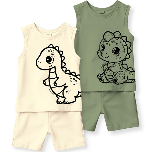 minicult Kids Matching Cotton Vest and Shorts coords with cute animal Prints(Dino Combo) Pack of 2