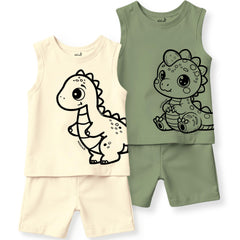 minicult Kids Matching Cotton Vest and Shorts coords with cute animal Prints(Dino Combo) Pack of 2