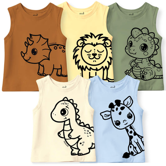 minicult Kids Cotton Vests with Cute Animal Character Prints(Dino Combo)(Pack of 5)