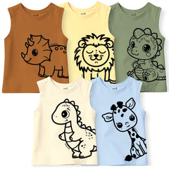 minicult Kids Cotton Vests with Cute Animal Character Prints(Dino Combo)(Pack of 5)