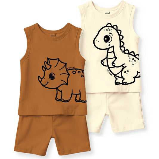 minicult Kids Matching Cotton Vest and Shorts coords with cute animal Prints(Dino Combo 3) Pack of 2