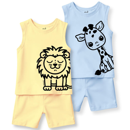 minicult Kids Matching Cotton Vest and Shorts coords with cute animal Prints(Lion Combo) Pack of 2