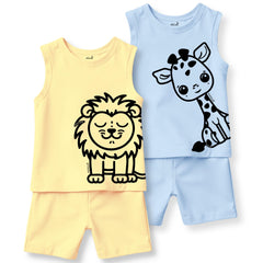 minicult Kids Matching Cotton Vest and Shorts coords with cute animal Prints(Lion Combo) Pack of 2