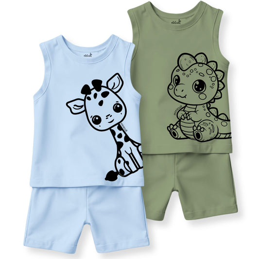 minicult Kids Matching Cotton Vest and Shorts coords with cute animal Prints(Giraffe Combo) Pack of 2