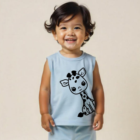 minicult Kids Matching Cotton Vest and Shorts coords with cute animal Prints(Giraffe)