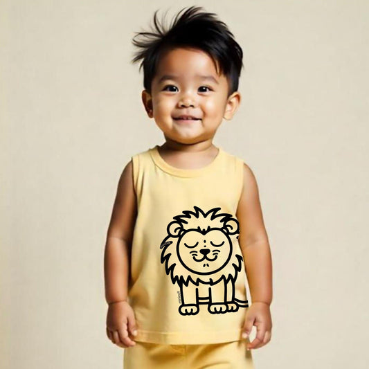 minicult Kids Matching Cotton Vest and Shorts coords with cute animal Prints(Lion)