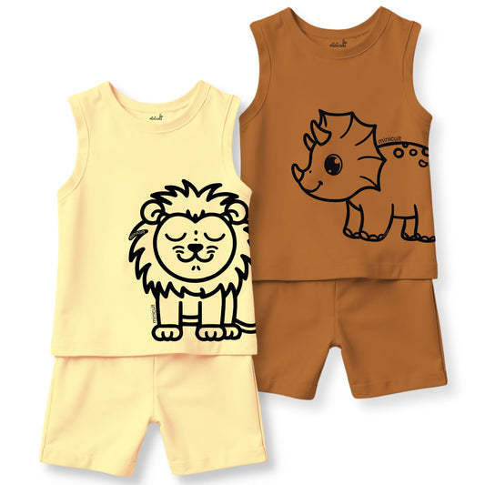 minicult Kids Matching Cotton Vest and Shorts coords with cute animal Prints(Dino Combo 2) Pack of 2