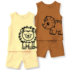 minicult Kids Matching Cotton Vest and Shorts coords with cute animal Prints(Dino Combo 2) Pack of 2