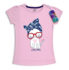 minicult Girls Half sleeves Cotton T-shirt with Cute Prints and Colorful (Pink) (Pack of 5)