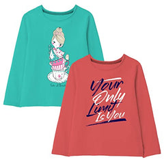 minicult Cotton Printed Full Sleeve T Shirts for Girls (Pack of 2) (Orange 1)