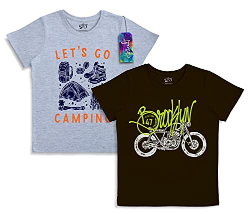 minicult Cotton Half Sleeve Kids Tshirt with Chest Print and Bright Colors(Black-Grey)(Pack of 2)