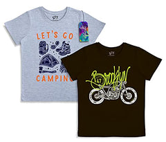 minicult Cotton Half Sleeve Kids Tshirt with Chest Print and Bright Colors(Black-Grey)(Pack of 2)