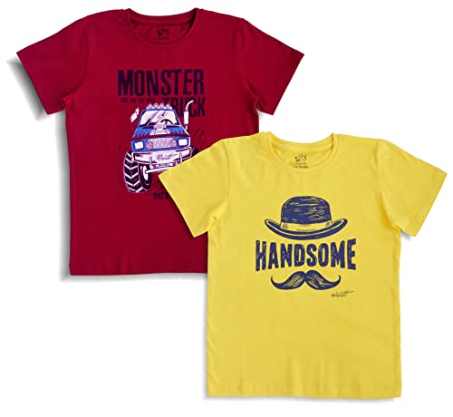 minicult Cotton Half Sleeve Kids Tshirt with Chest Print and Bright Colors(Yellow)(Pack of 2)