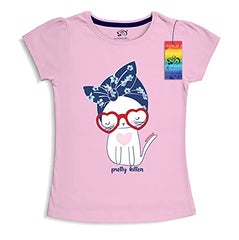 minicult Girls Half sleeeves Cotton Tshirt with Cute Prints and Colorfull (B007)(Pack of 2) Light Blue