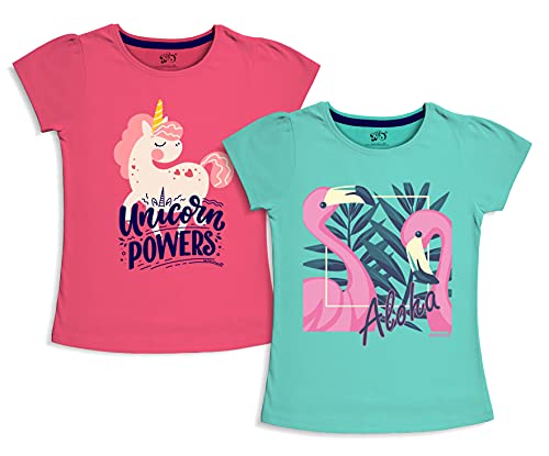 minicult Girls Half sleeeves Cotton Tshirt with Cute Prints and Colorfull (B015)(Pack of 2) Charcoal Black