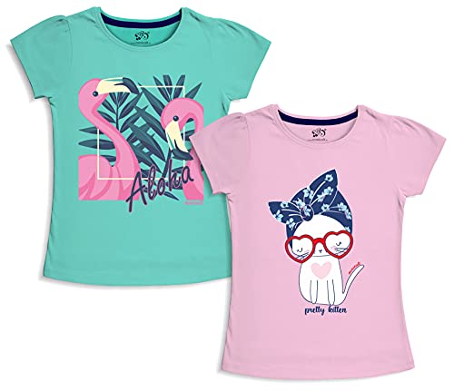minicult Girls Half sleeves Cotton T-shirt with Cute Prints and Colorful (B008) (Pack of 2) Light Green