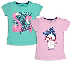 minicult Girls Half sleeves Cotton T-shirt with Cute Prints and Colorful (B008) (Pack of 2) Light Green