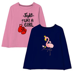 minicult Cotton Printed Full Sleeve T Shirts for Girls (Pack of 2) (Dark Blue 1)