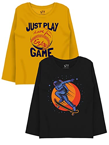 minicult Cotton Printed Full Sleeve T Shirts for Boys(Pack of 2)(Black 2)