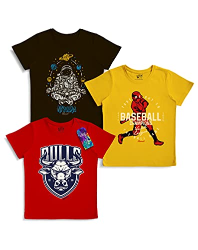 minicult Cotton Boys Half Sleeve Kids Tshirt with Chest Print and Bright Colors(Multicolor)(Pack of 3)