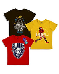 minicult Cotton Boys Half Sleeve Kids Tshirt with Chest Print and Bright Colors(Multicolor)(Pack of 3)