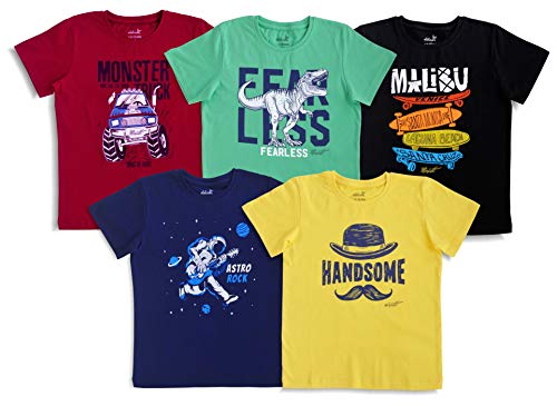 minicult Cotton Half Sleeve Kids Tshirt with Chest Print and Bright Colors(Green)(Pack of 5)