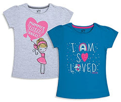 minicult Girls Half sleeves Cotton T-shirt with Cute Prints and Colorful (B013)(Pack of 2) Sky Blue