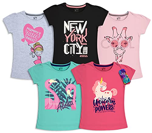 minicult Girls Half sleeeves Cotton Tshirt with Cute Prints and Colorfull (red) (Pack of 5)