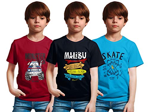minicult Cotton Boys Half Sleeve Kids Tshirt with Chest Print and Bright Colors(Multicolor)(Pack of 3) Maroon