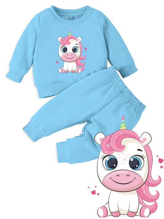 minicult cotton Kids Coordinated sweatshirt and pant set with character print (UNICORN BLUE)(Pack of 1)(0-3 MTS)