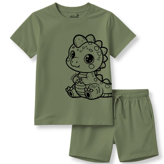 minicult Matching CottonTshirt and Shorts coords with cute animal Prints(Dino Green)