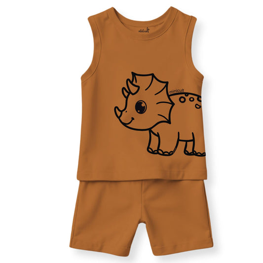minicult Kids Matching Cotton Vest and Shorts coords with cute animal Prints(Dino 3)