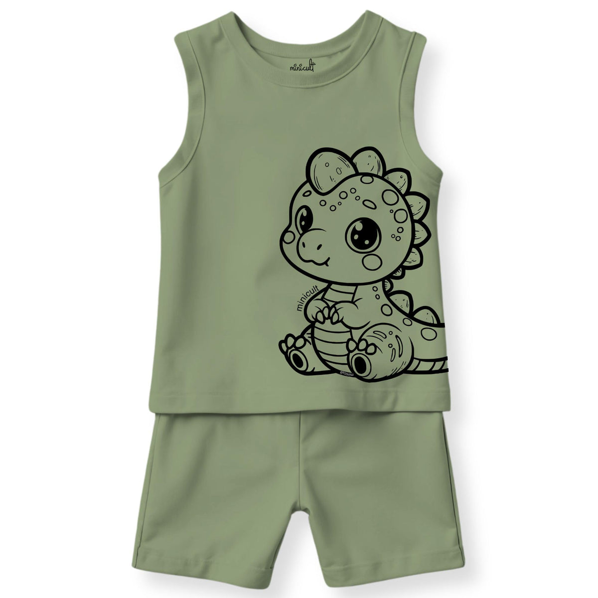 minicult Kids Matching Cotton Vest and Shorts coords with cute animal Prints(Dino Green)