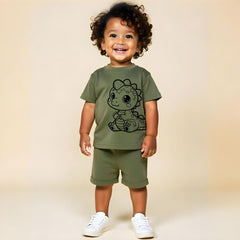 minicult Matching CottonTshirt and Shorts coords with cute animal Prints(Dino Green)
