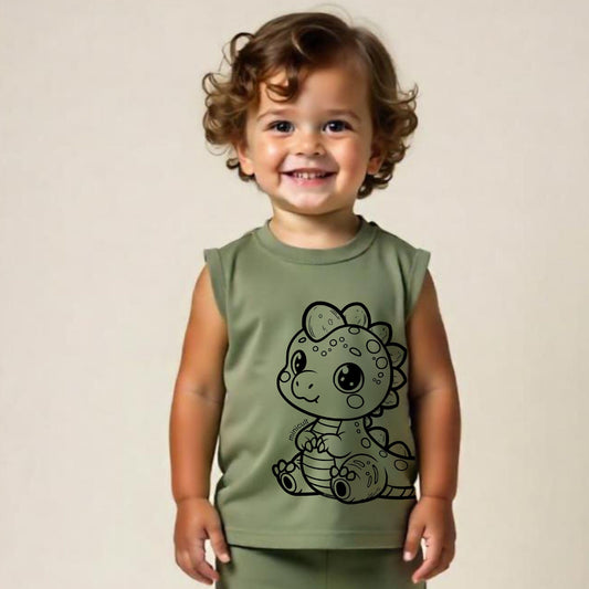 minicult Kids Matching Cotton Vest and Shorts coords with cute animal Prints(Dino Green)