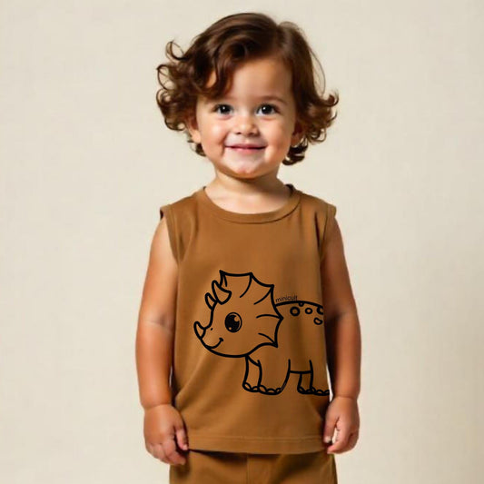 minicult Kids Matching Cotton Vest and Shorts coords with cute animal Prints(Dino 3)