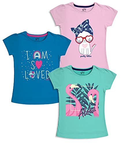 minicult Girls Half sleeeves Cotton Tshirt with Cute Prints and Colorfull (Green)(Pack of 3)