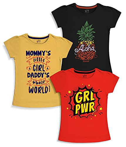 minicult Girls Half sleeves Cotton T-shirt with Cute Prints and Colorful (Yellow)(Pack of 3)