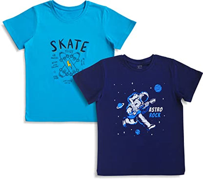 minicult Cotton Half Sleeve Kids Tshirt with Chest Print and Bright Colors(Navy-Astro)(Pack of 2)