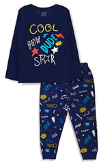 minicult Cotton Full Sleeve t Shirt and Pyjama Nightsuit with Cute Prints(Pack of 2) (Dark Blue 2)