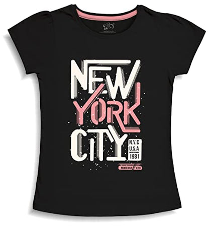 minicult Girls Half sleeves Cotton T-shirt with Cute Prints and Colorful (New York) (Pack of 1) Black