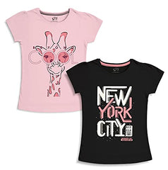 minicult Girls Half sleeeves Cotton Tshirt with Cute Prints and Colorfull (B005)(Pack of 2) Baby Pink