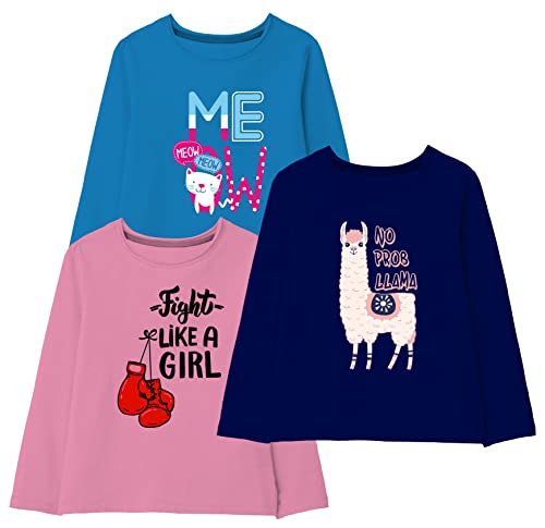 minicult Cotton Printed Full Sleeve T Shirts for Girls (Pack of 3) (Dark Blue 1)