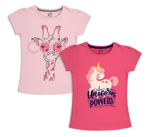 minicult Girls Half sleeeves Cotton Tshirt with Cute Prints and Colorfull (B003)(Pack of 2) Pink