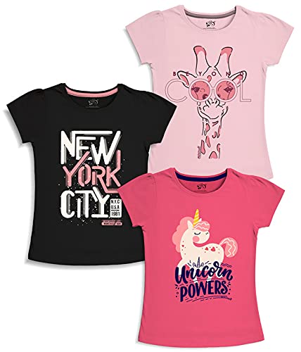 minicult Girls Half sleeeves Cotton Tshirt with Cute Prints and Colorfull (Black)(Pack of 3)