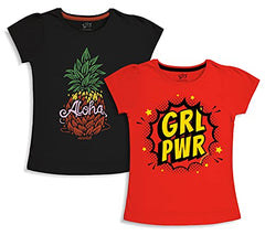 minicult Girls Half sleeeves Cotton Tshirt with Cute Prints and Colorfull (B009) (Pack of 2) Red