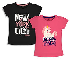 minicult Girls Half sleeeves Cotton Tshirt with Cute Prints and Colorfull (B004)(Pack of 2) Dark Pink